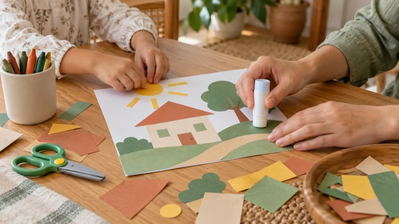 Ilustrasi AI: tangan orang dewasa dan anak membuat kolase dengan kertas serta lem batang