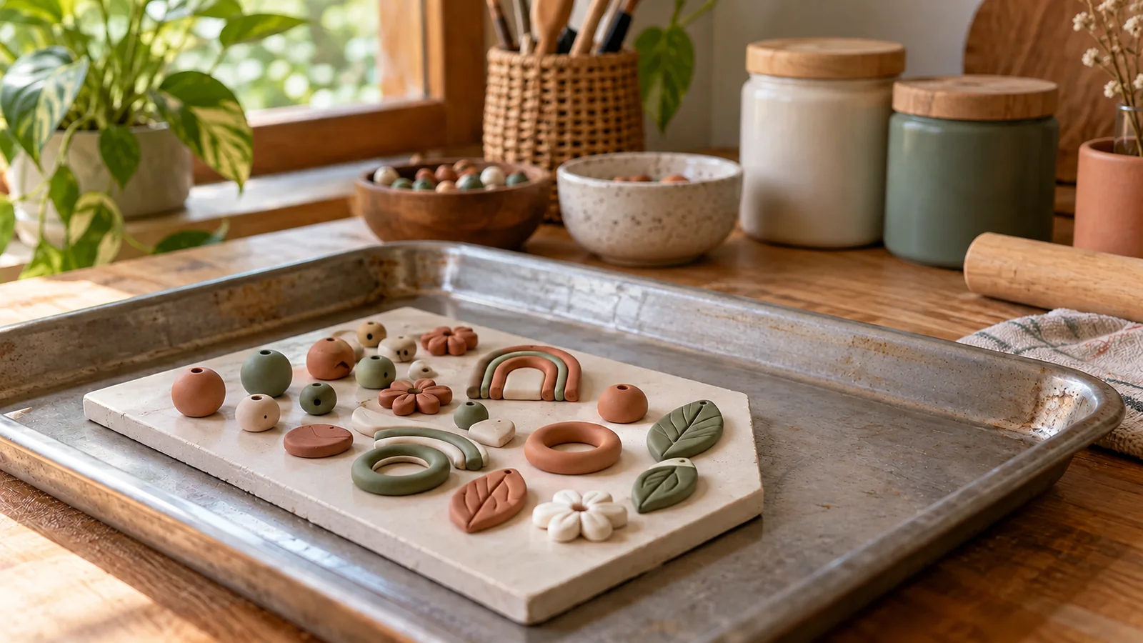 Ilustrasi AI: bentuk kecil clay di atas ubin keramik dalam loyang logam