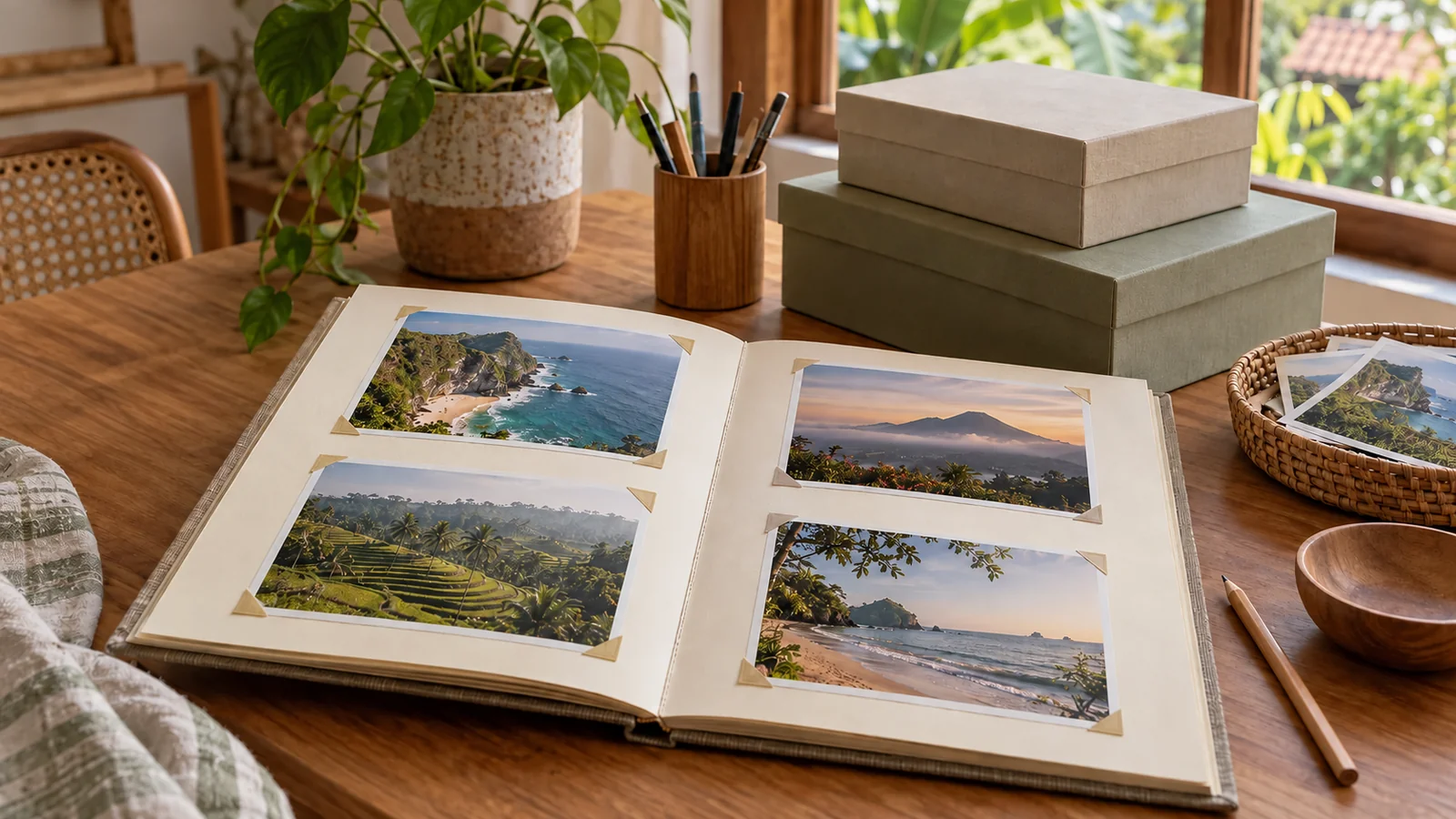 Ilustrasi AI: album terbuka berisi foto pemandangan yang ditahan sudut foto