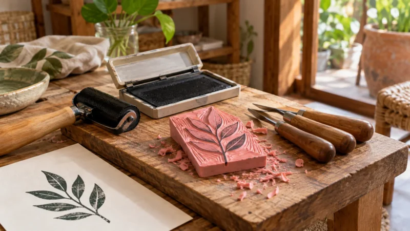 Ilustrasi AI: blok ukir merah muda bermotif daun dengan alat cukil yang diletakkan di meja